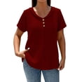 thumbnail image 2 of Siminsem Women's Casual Loose Fit V Neck Tunic Top Textured Short Sleeve Pullover with Button Decor Dressy Blouse Cute Lightweight Top for Spring and Summer, Wine, 3XL, 2 of 5