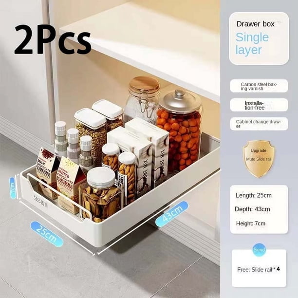 Nuevo estante de almacenamiento de cocina con rieles deslizantes, tipo cajonera extraíble, bandeja de almacenamiento, caja de especias, estante de almacenamiento, organizador de armarios