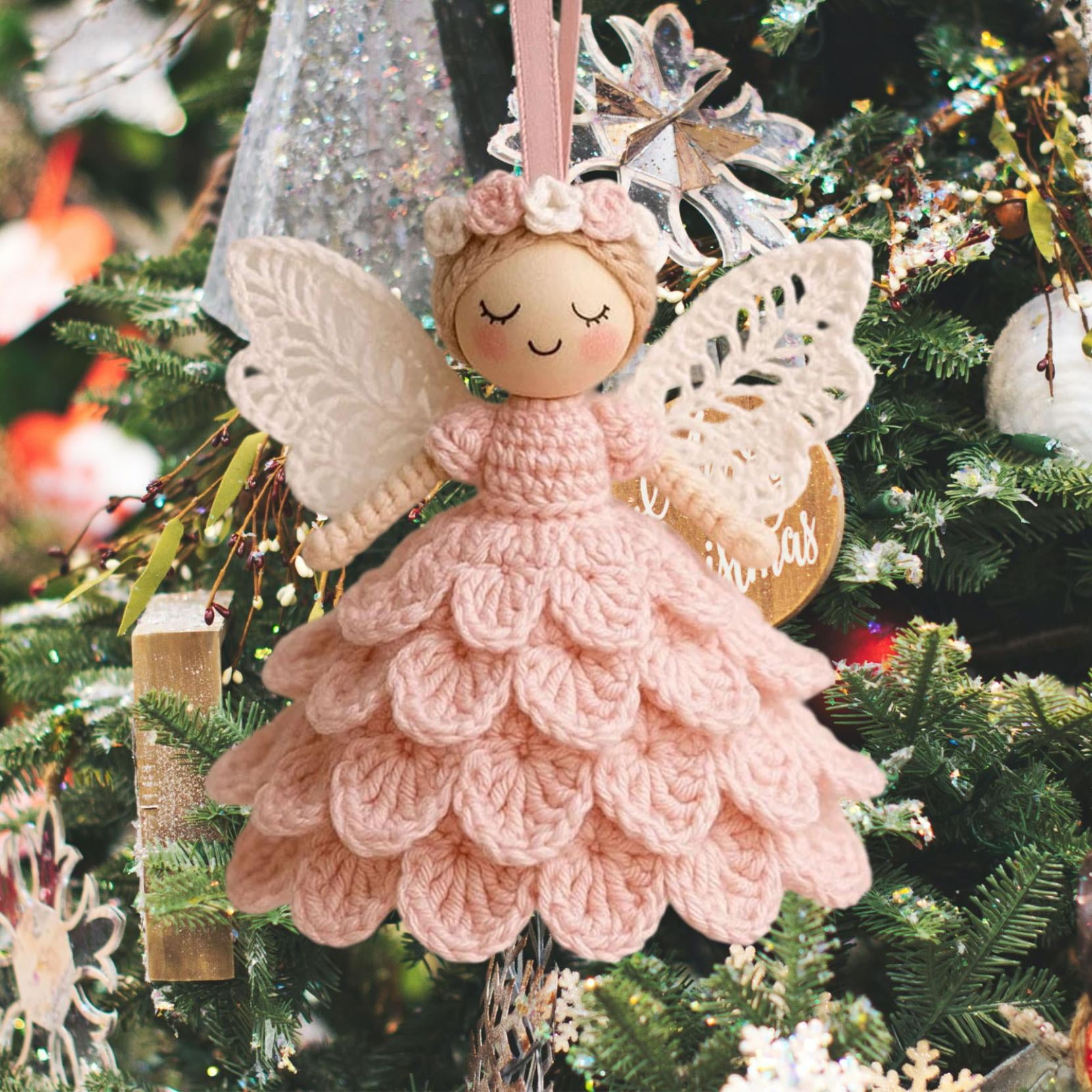 Christmas Crochet Angel Ornament Craft Kit - Cute Soft Knitted Yarn Pendant, Complete DIY Decor Set for Christmas Tree, Handmade Accessories for Personalized & Wall Decor, Pink, 5.91in