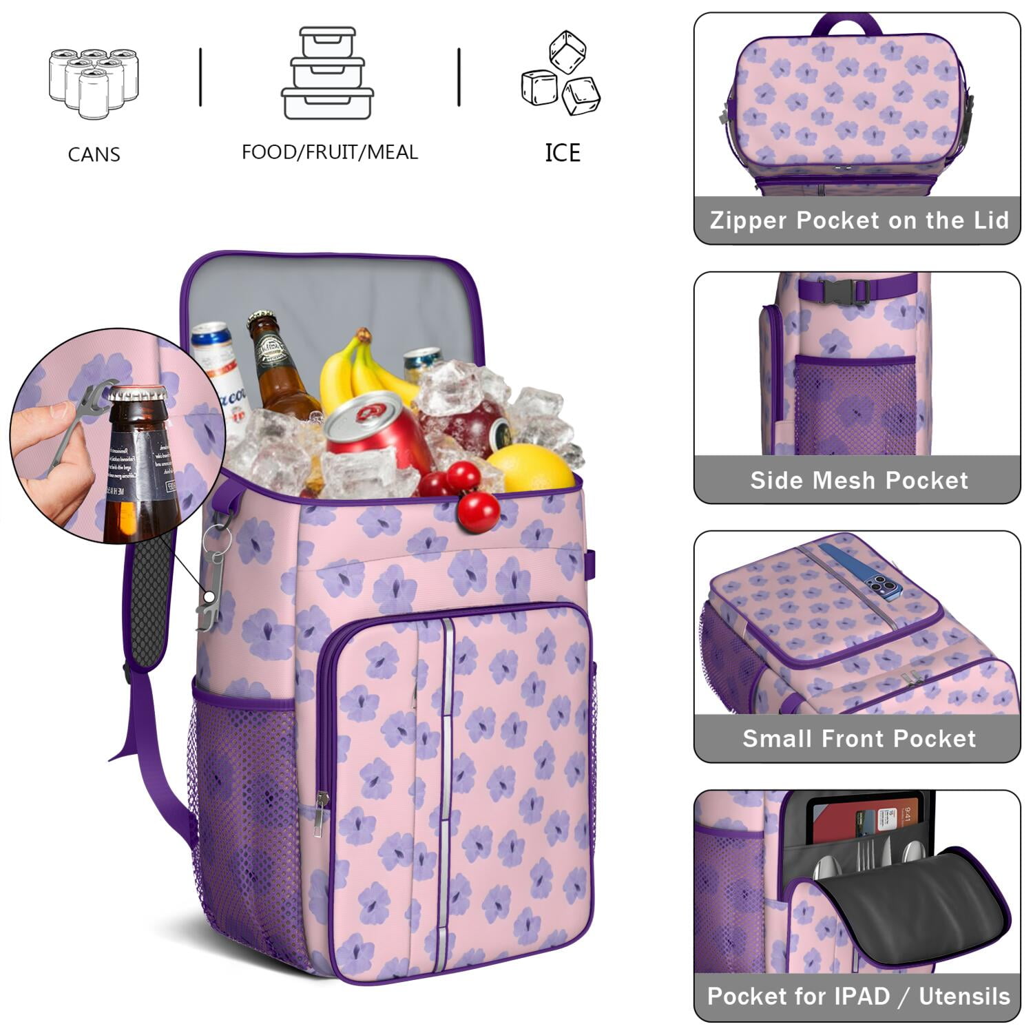 Travel Cooler Bag - Pioneer Flower Floral Print Pattern Camping Beer Cooler Backpack with Bottle Opener- Waterproof Insulated Picnic Backpacks - Cooler Bag for Beach
