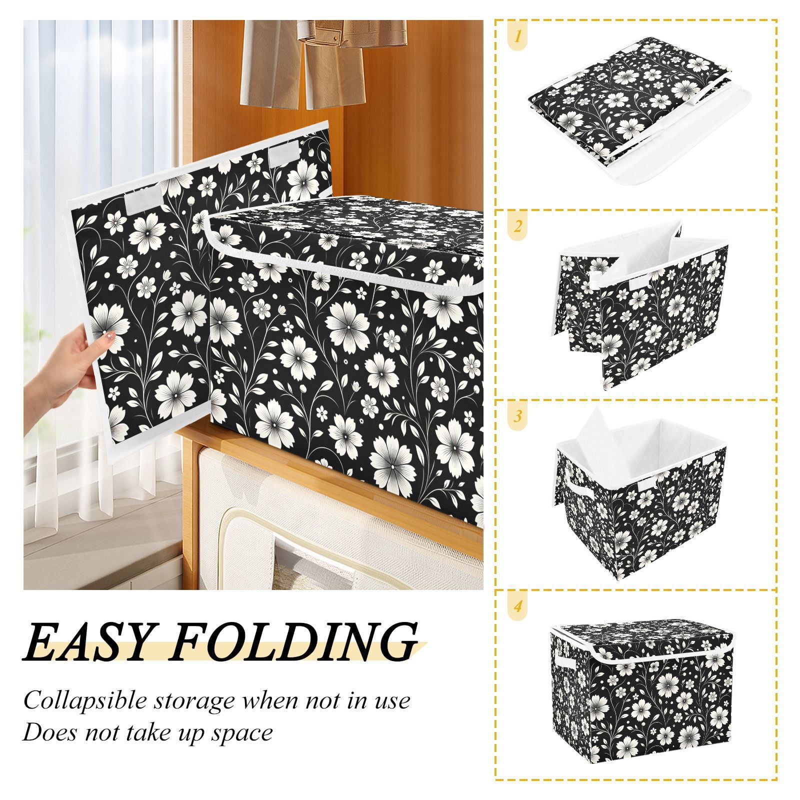 Retro White and Black Flowers Storage Basket for Shelves Foldable Container Organizer for Organizing Toys Clothes Books with Handles