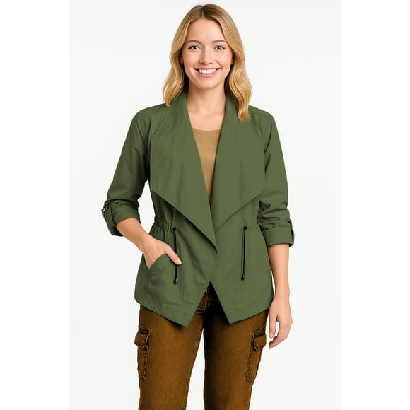 Gabardina con estilo solapa de cascada Verde olivo GD / XG