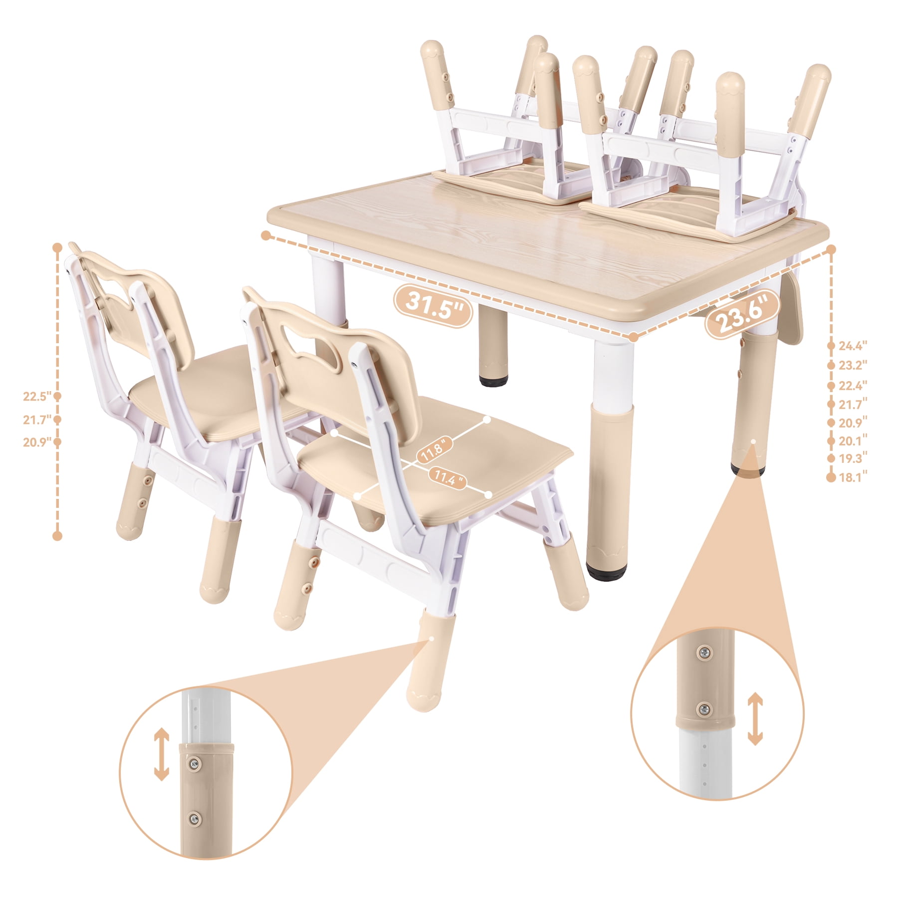 DOREROOM Height-Adjustable Kids Table and 4 Chairs Set, Toddler Table and Chair Set with Graffiti Desktop, 31.5''L x 23.6''W Children Activity Table for Daycare, Classroom, Home