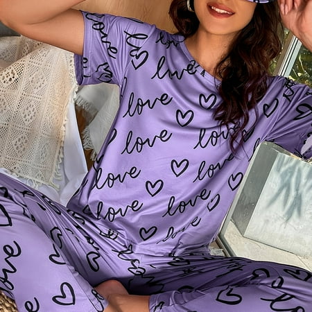 

3pcs Soft Love Pattern Loungewear Long Sleeve Tops & Elastic Waist Straight Loose Pants With Eye Covering For Valentine‘s Gifts Womens Loungewear & Pajama Set