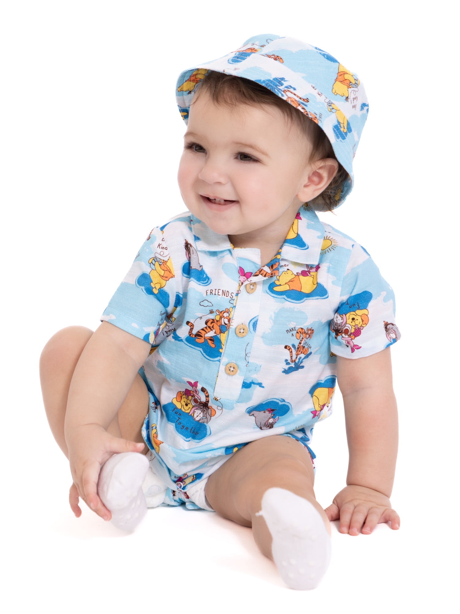 Winnie the Pooh Baby Boys' Print Cotton Romper and Bucket Hat Set, 2-Piece, Sizes 0/3M-24M