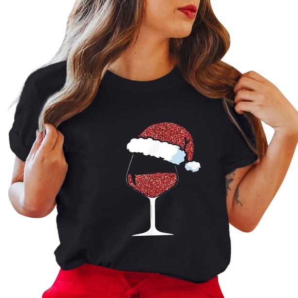 Gibobby Camisa navideña mujer Camiseta de manga corta con cuello redondo y estampado de Navidad para mujer(Negro,M)