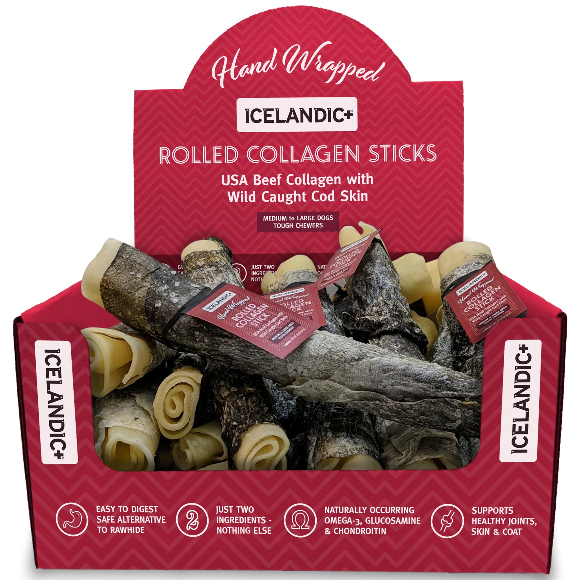 Icelandic+ Rolled Collagen Stick: Beef & Cod Skin - 18 Pack - 8" Dog Chew Treat, Hand-Wrapped Fish, 2 Ingredient Pet Snacks, Rawhide Alternative