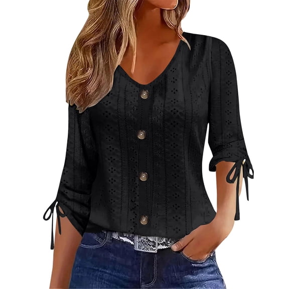 BODOAO Women’s Eyelet Embroidered Blouse V Neck Button Front 3/4 Sleeve Tie Cuff Shirt Loose Fit Casual Top for Summer Daily Wear Work Vacation Party Outfits Black L