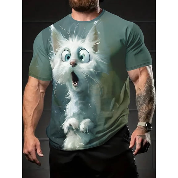 The kitten is so cute. Men's 3D printed T-shirt, bright round neck short sleeves, casual wear for summer travel, art pattern T-shirt, holiday gift.