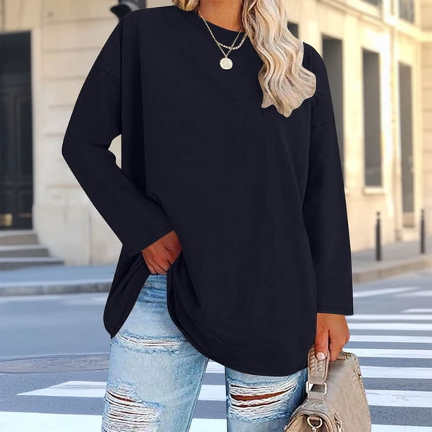 Xuyuer Womens Plus Size Tops Basic Long Sleeve Shirts Crew Neck T Shirt Fall Outfits Loose Fit Casual Blouses