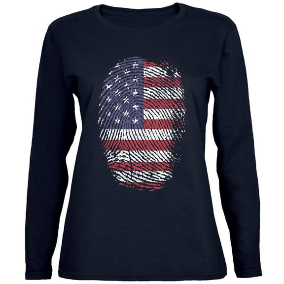 4th of July American Flag Pride Thumbprint Womens Long Sleeve T Shirt Navy SM