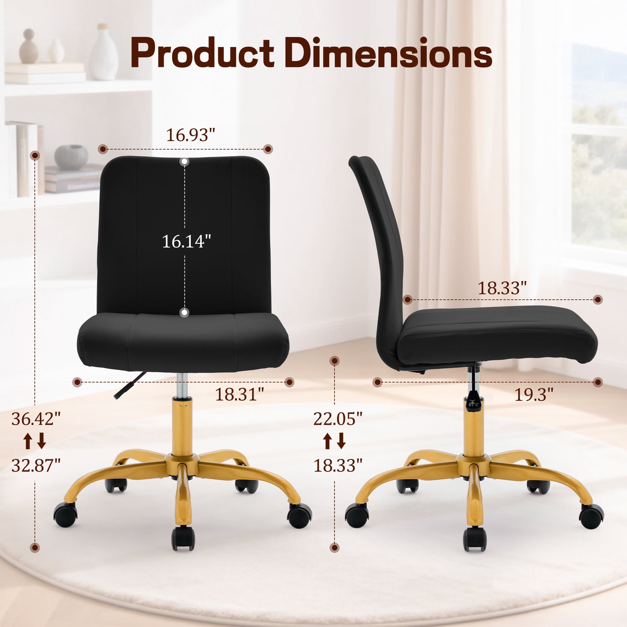 Korser Armless Home Office Desk Chair with Back Modern Vanity Chair with Adjustable Height,360° Swivel Task Chair,Velvet,Black