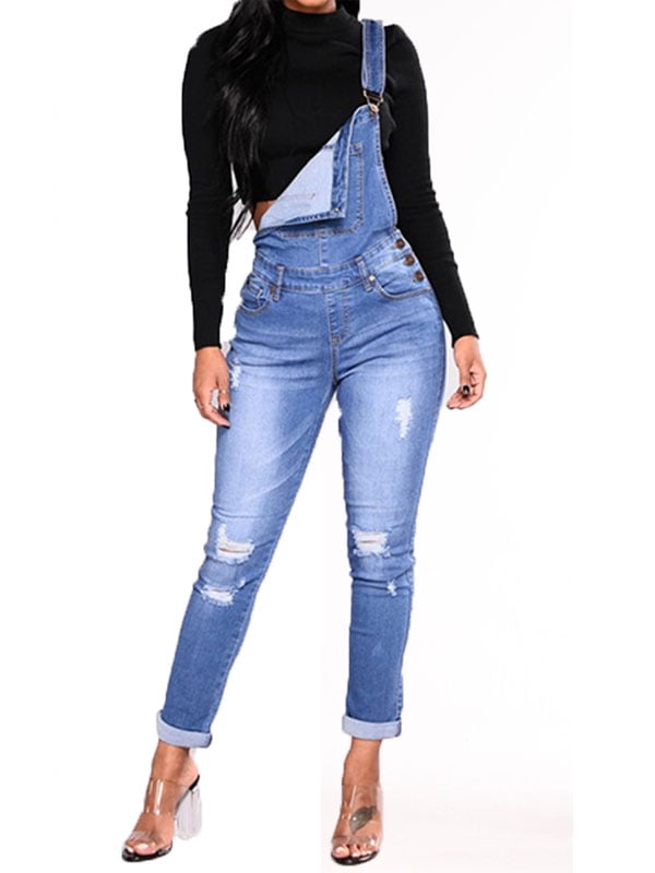 NEW WOMENS LADIES STRETCH RIPPED DISTRESSED DENIM DUNGAREES JUMPSUIT SKINNY JEAN 