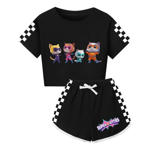 Kids SuperKitties Clothes Set – Girls Short Sleeve Tee and Shorts – Stylish Summer Wear