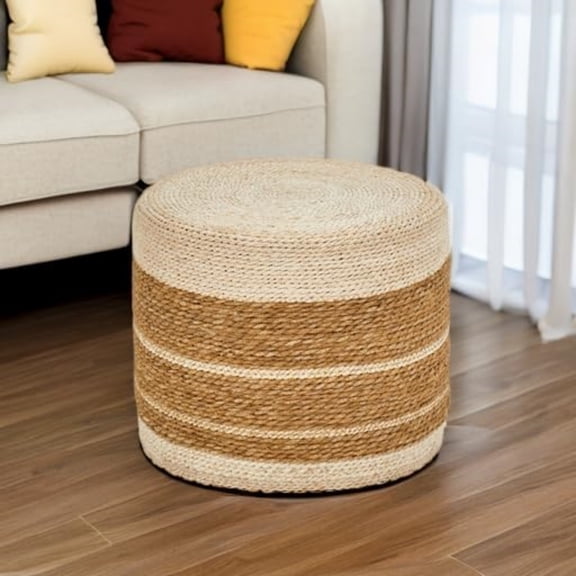 18'' Ottoman Pouf, Natural Braided Poof, Rustic Handweave Lounge Pouffe, Boho Footrest Stool for Bedroom, Accent Table or Seat for Living Room