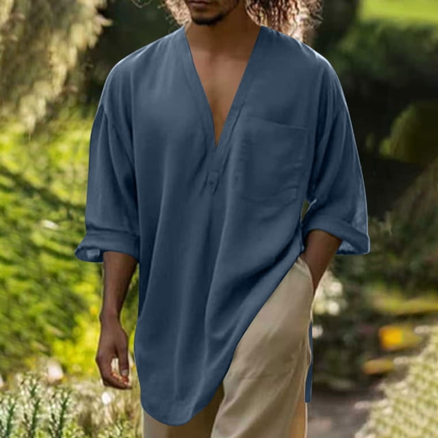 Ftwytp Chemise Tunique à Col en V pour Hommes en Coton Lin Décontractée pour Fête Plage Travail