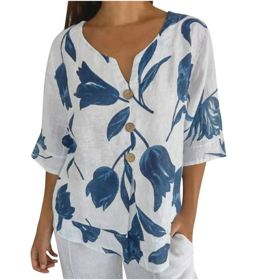 Plus Size Cotton Linen Tops 1/2 Sleeve Womens Button-up Pullover Loose T-shirts Flower Print Summer Baggy Tees (X-Large, White)