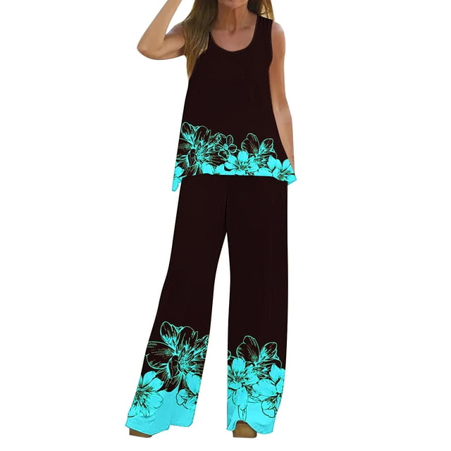 Mikilon Ensemble Stylé pour Femme 2 Pcs Décontracté Ample Imprimé Camisole Pantalon Long Sans Manches Col Rond Haut/chemise Ensemble Vert Menthe m