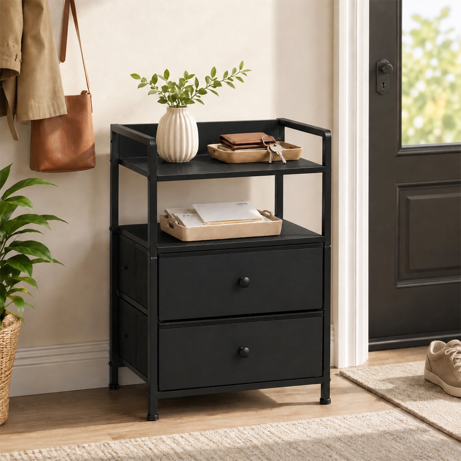 Nightstand with 2 Fabric Drawers Metal Frame Bedside Table for Bedroom Dorm Small Spaces