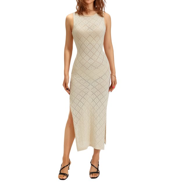 Fortune Robes en Tricot pour Femmes Robes Midi Ajourées Robe Moulante Fendue sur le Côté