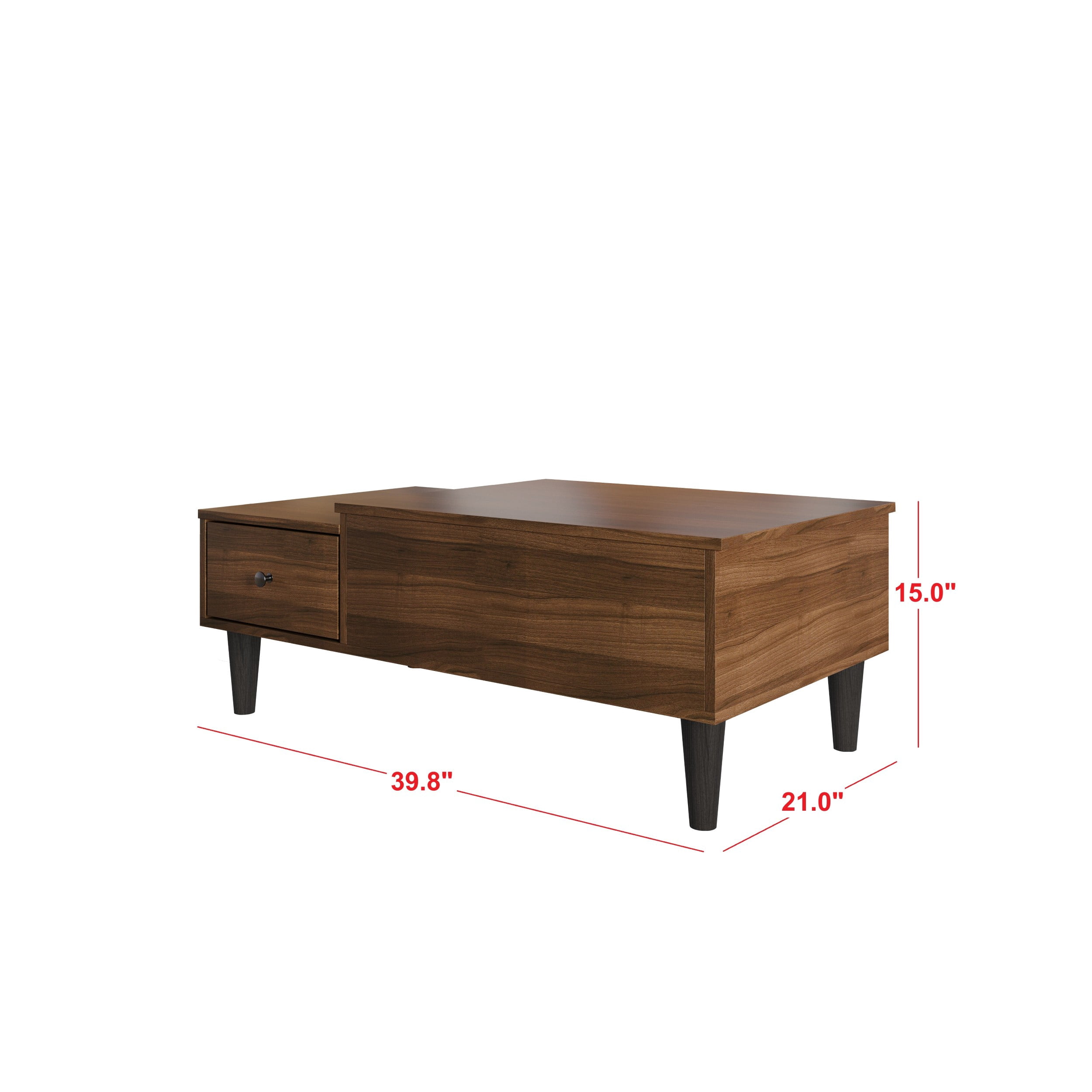 Home Design Caribou Lift-Top Coffee Table with Hidden Storage Compartment and Side Drawer, Sturdy Legs, Modern Design for Living Room, Brown Finish