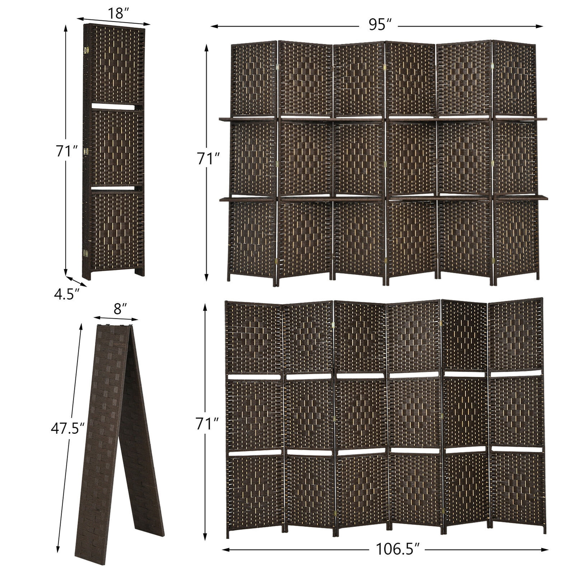 Gymax Brown 6 Panel Folding Room Divider 6Ft Weave Fiber Screen W/ 2 Display Shelves