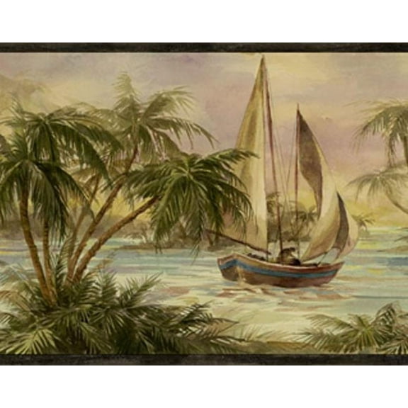879597 Palm Trees Sailboats Wallpaper Border Black HV6002b