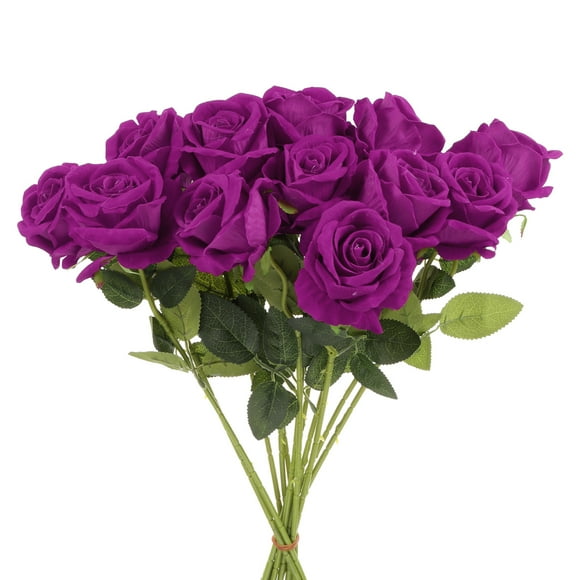 Uxcell 12 Pcs Rose Purple Roses Artificial Flowers, Velvet Rose Real Touch Fake Roses with Stems