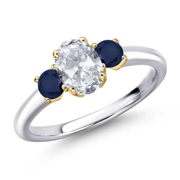 Gem Stone King 10K Two Tone Gold White Topaz and Blue Sapphire Engagement Ring for Women | 1.44 Cttw | Oval 7X5MM | Gemstone November Birthstone | Size 7