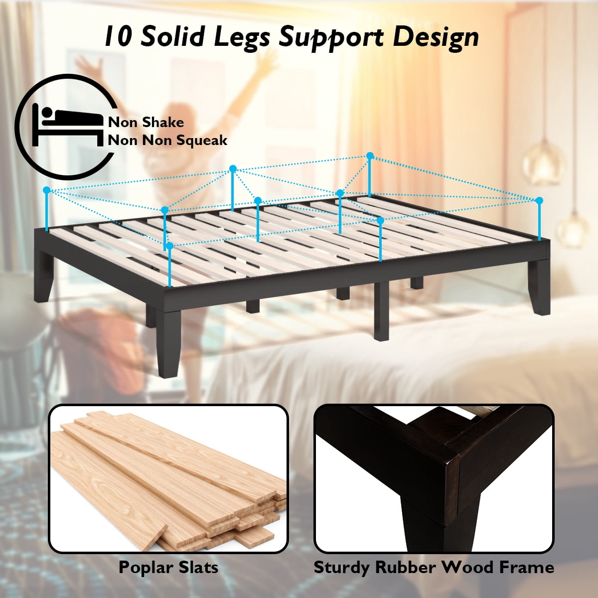 Costway Queen Size 14 in Wooden Bed Frame Mattress Platform Wood Slats Support  Espresso