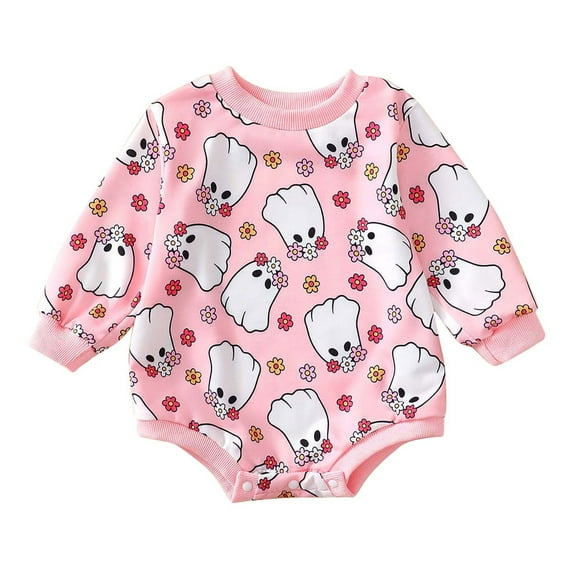 Odeerbi Infant Boys Girls Halloween Ghost Romper Fall Winter Long Sleeve Jumpsuit Baby Cute Bodysuit Onesie Infant Clothes Pink