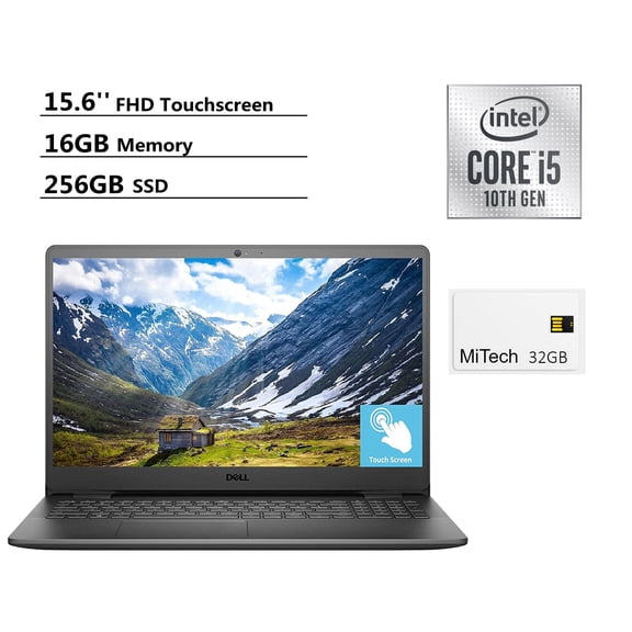 Dell Inspiron 15.6"FHD Touch Laptop, Intel Core i5-1035G1, 16GB DDR4 RAM, 256GB SSD, Webcam, WiFi, HDMI, Bluetooth, with MiTech 32GB USB Card, Windows 10, Black