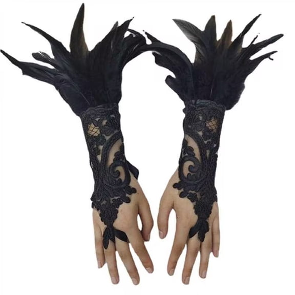 Masquerade Fingerless Gloves for Women Evening Dresses With Feathers Elegant Fashion Accessories Lace Womens Mittens Black