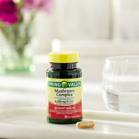 Spring Valley Mushroom Complex Dietary Supplement Vegetarian Capsules for Heart Health, 6,200 mg, 30 Count