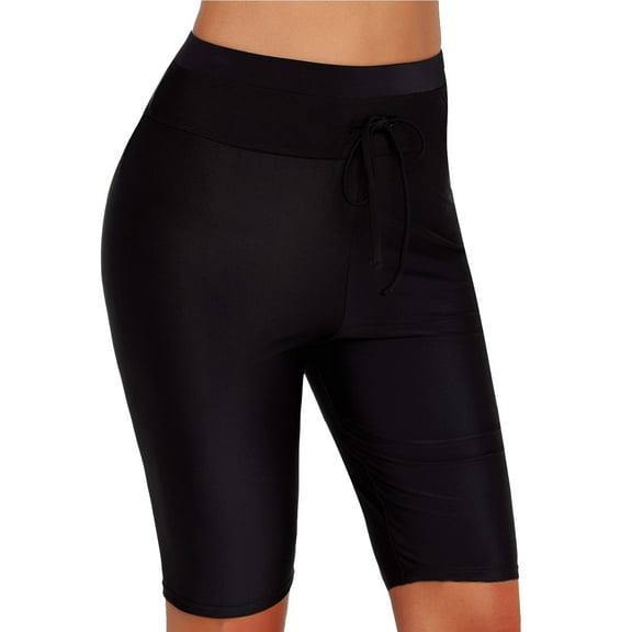 Dyfzdhu Swim Shorts Women Casual High Waisted Tummy Control Atheltic Swimsuit Drawstring Knee Length Swim Bottoms Black