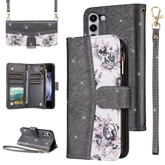 Furiet for Samsung Galaxy Z Fold 6 5G 2024 Floral Wallet Case Flip Zipper Purse Wrist Strap Shoulder Strap, Luxury Glitter PU Leather Card Holder Stand Phone Cover for ZFold6 Z6 G Fold6 6Z Black