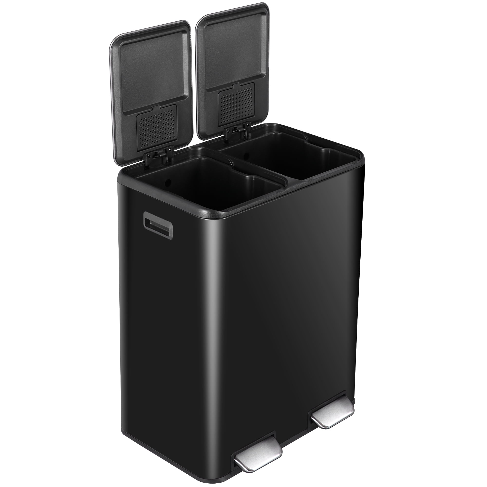 HomGarden 16 Gallon Dual Compartment Trash Can Stainless Steel Step Garbage Can Home Kitchen, Black