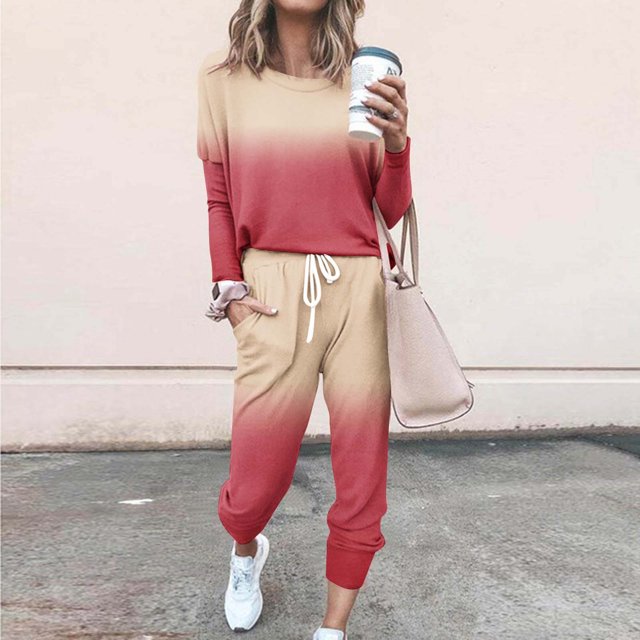 Frostluinai Athleisure Sets Women 2 Piece Trendy Gradient Tracksuits Long Sleeve Shirts Drawstring Joggers Plus Size Color Block Lounge Sets