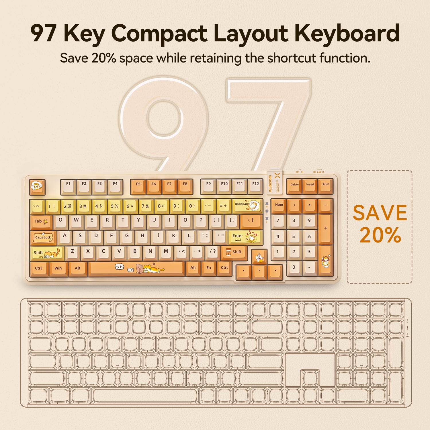 AUSDOM 98Pro Wireless Mechanical Gaming Keyboard - Tri-Mode (Bluetooth/2.4GHz/USB-C), Hot Swappable Linear Switches, White Backlit, Gasket, PBT Keycaps, Compatible with Windows/Mac (Yellow Cat Theme)