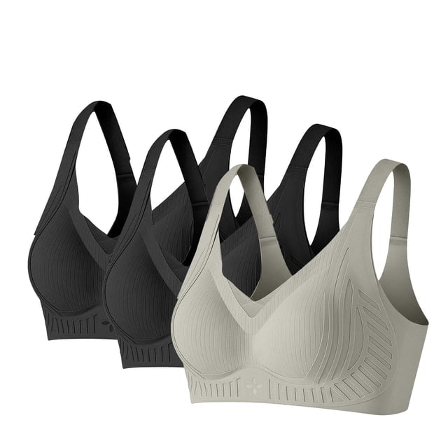 Amzcrzy 3PC Womens Bras Comfortable Supportive Lift Push up Bra Trendy Solid Color Ribbed Seamless T Shirt Bra 3XL