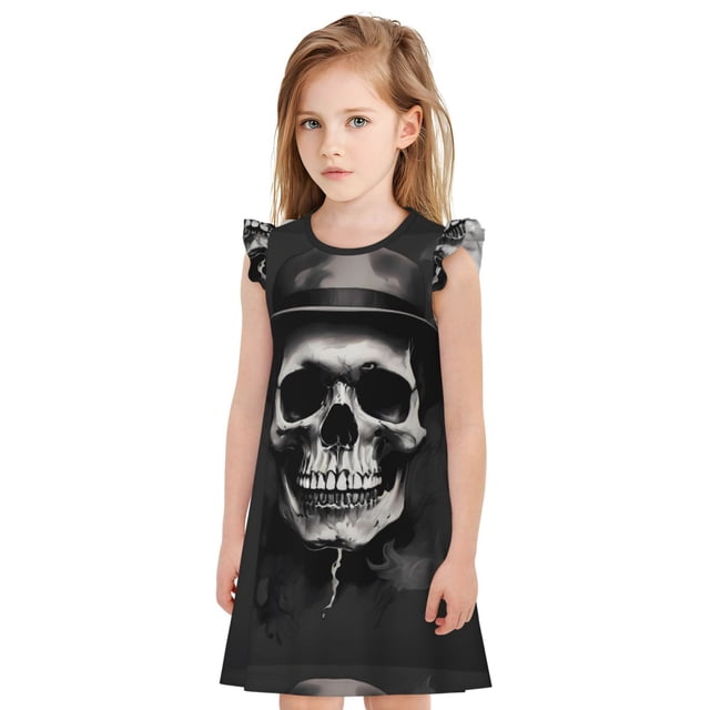 Fotbe Black White Hat Skull Vestido de Dormir para Niñas de 3 a 10 Años, Mangas Cortas, Estilo Princesa, Pijama Camisón con Mangas Voladas-Large