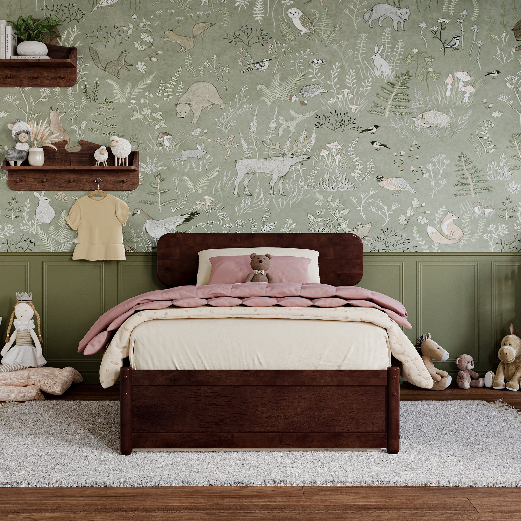 AFI Capri Twin Solid Wood Platform Bed with Panel Footboard and Twin Trundle, Walnut