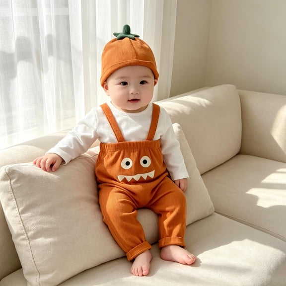 FASHOFT Baby Boy Halloween Outfit Suspender Pants Hat Set Romper Bodysuit Jumpsuit Outfit For Holiday Cosplay Party Casual Crawl Wear Halloween Orange 0-3 Months