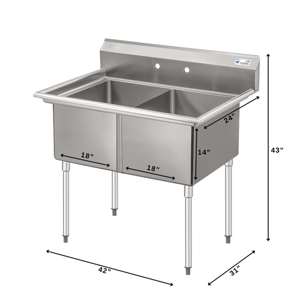 Pemberly Row 42" 18-Gauge 2-Compartment Commercial Sink with Backsplash in Steel