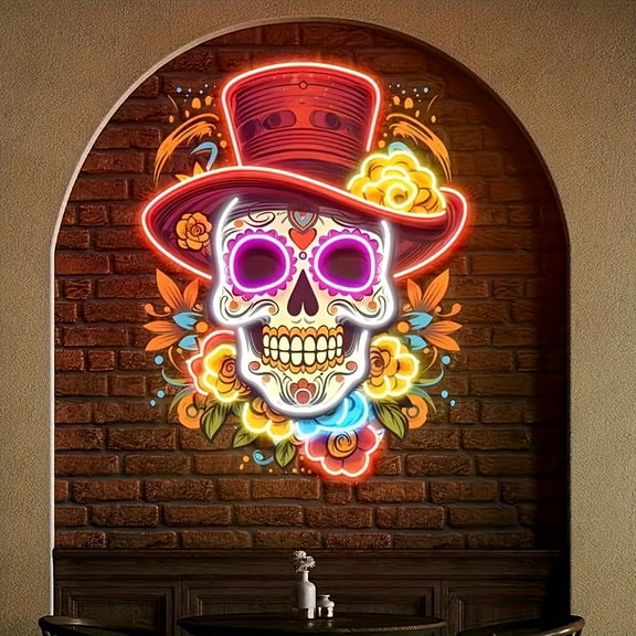 Mexican Day of the Dead Skull Neon Sign - USB-Powered Gothic Decor with Top Hat, Multicolor Lighting for Home/Bar/Restaurant, Durable Plastic, Festive UV Print Artwork