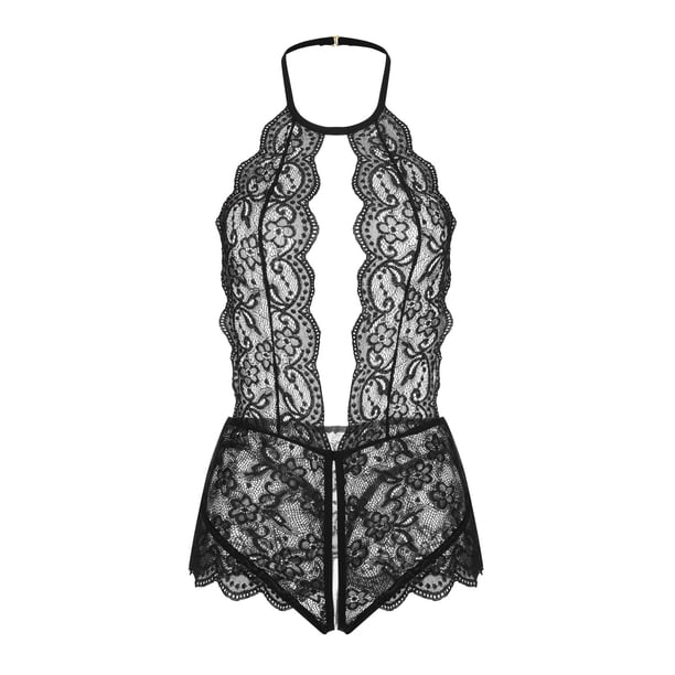 Gibobby Ropa sexy de mujer para sexo Conjunto de lencería de Brasier y pantaleta de Encaje y Transparencias(Negro, G)