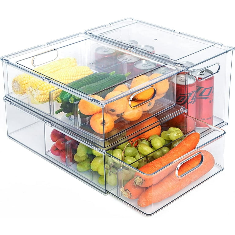 Fridge Drawer Pull Out Stackable Bins with Handle Clear Refrigerator  Drawers Organizer Food Storage Container Box with Dividers Plastic Produce  Saver for Pantry, Cabinet, Kitchen, Clothes 