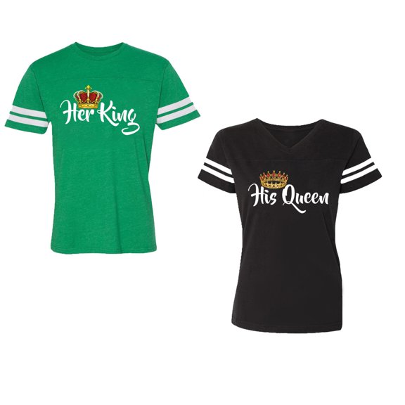 Her King His Queen Unisex Couple Matching Cotton Jersey style T-Shirt Contrasting stripes on sleeves (Men Green / Women Black) (Men S / Women S)