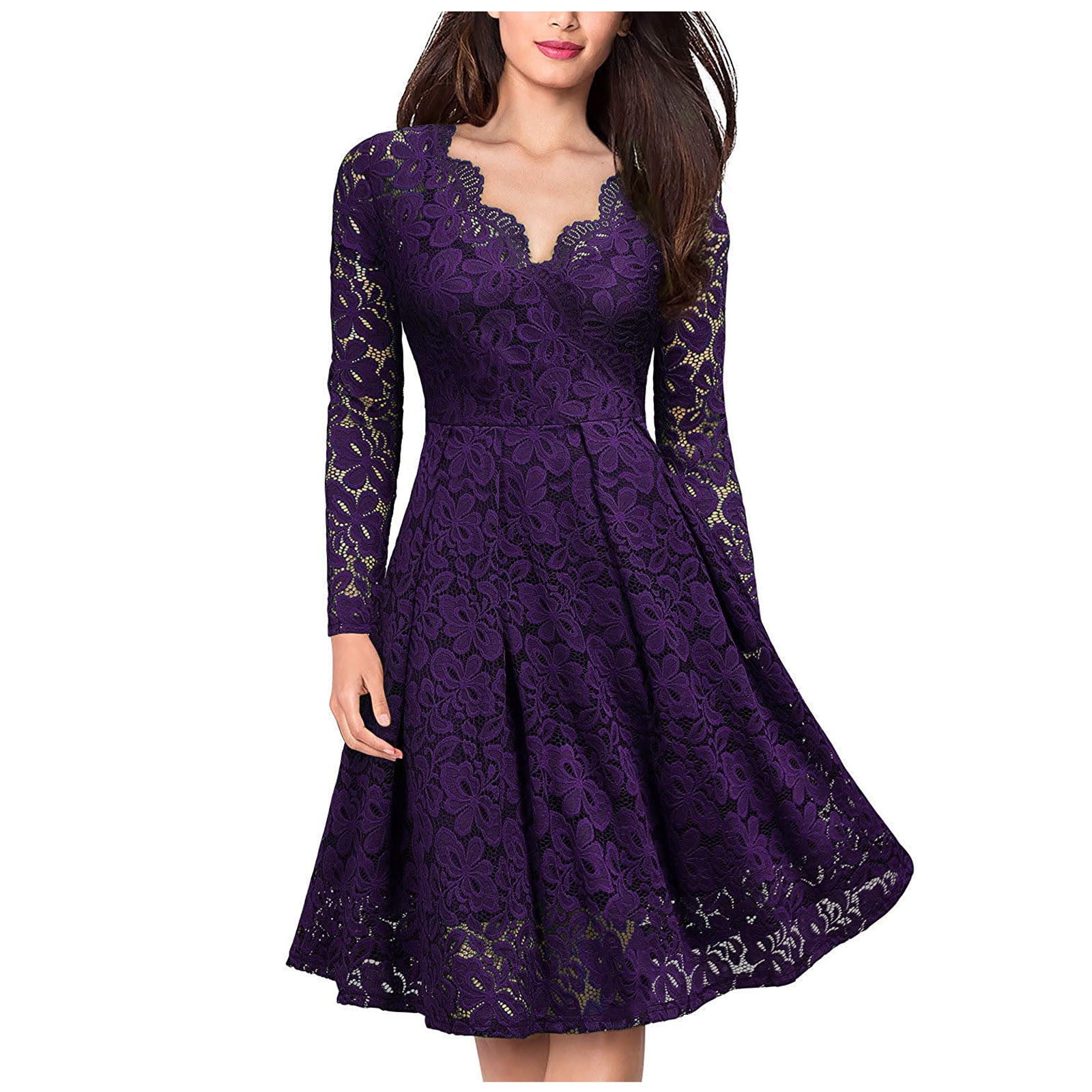 Women Dress Ladies V-neck Long Sleeve 