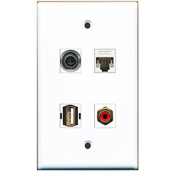 RiteAV - 1 Port RCA Red 1 Port USB A-A 1 Port 3.5mm 1 Port Cat5e Ethernet White Wall Plate